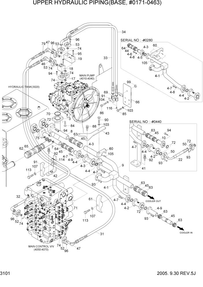 Схема запчастей Hyundai R450LC7 - PAGE 3101 UPPER HYDRAULIC PIPING(BASE, #0171-0463) ГИДРАВЛИЧЕСКАЯ СИСТЕМА