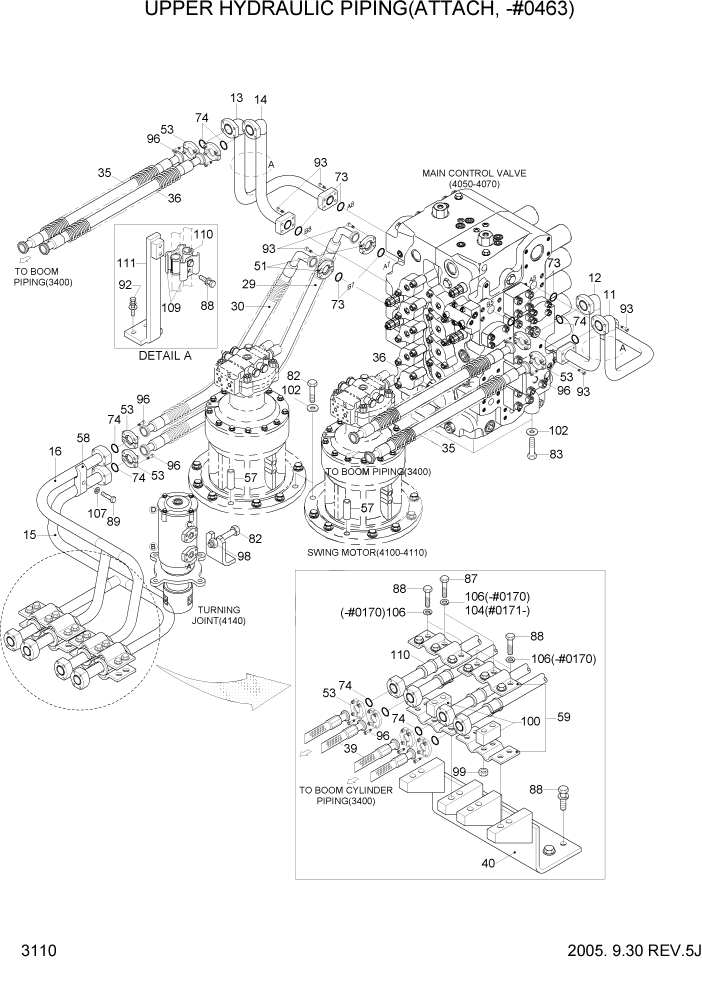 Схема запчастей Hyundai R450LC7 - PAGE 3110 UPPER HYDRAULIC PIPING(ATTACH, -#0463) ГИДРАВЛИЧЕСКАЯ СИСТЕМА