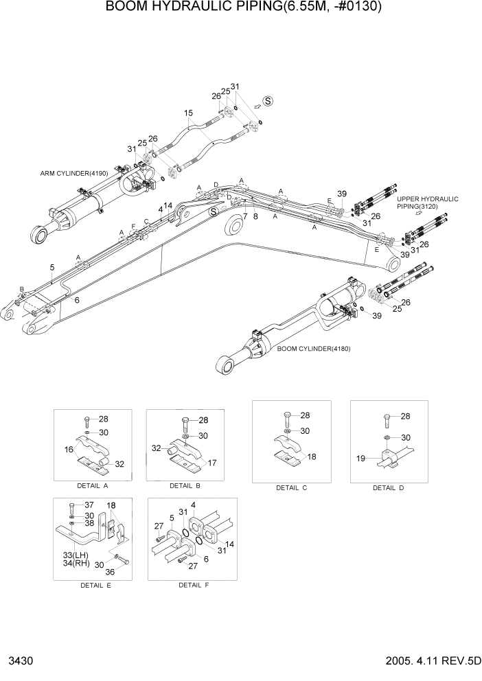 Схема запчастей Hyundai R450LC7 - PAGE 3430 BOOM HYDRAULIC PIPING(6.55M, -#0130) ГИДРАВЛИЧЕСКАЯ СИСТЕМА