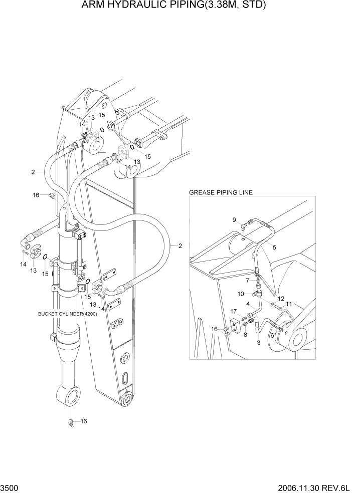 Схема запчастей Hyundai R450LC7 - PAGE 3500 ARM HYDRAULIC PIPING(3.38M, STD) ГИДРАВЛИЧЕСКАЯ СИСТЕМА