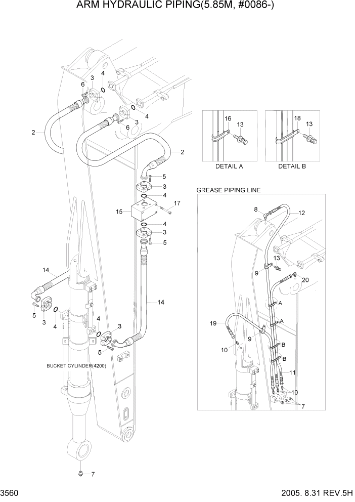 Схема запчастей Hyundai R450LC7 - PAGE 3560 ARM HYDRAULIC PIPING(5.85M, #0086-) ГИДРАВЛИЧЕСКАЯ СИСТЕМА