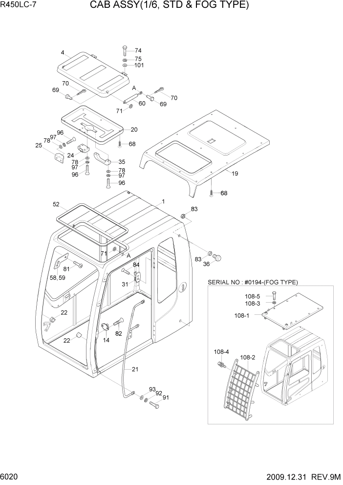 Схема запчастей Hyundai R450LC7 - PAGE 6020 CAB ASSY(1/6, STD & FOG TYPE) СТРУКТУРА