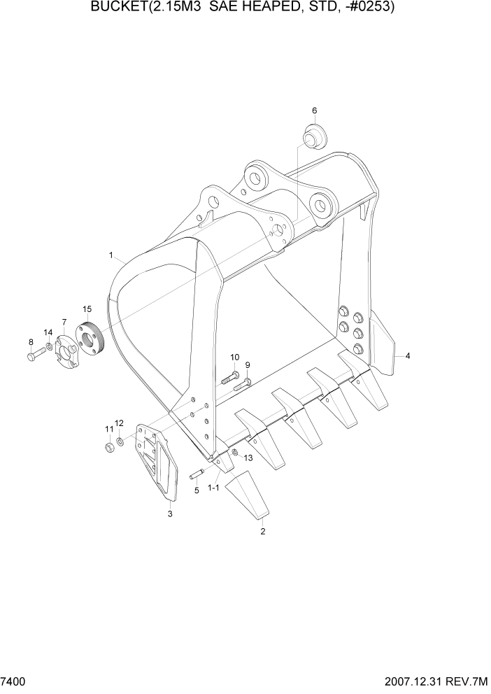 Схема запчастей Hyundai R450LC7 - PAGE 7400 BUCKET(2.15M3 SAE HEAPED, STD, -#0253) РАБОЧЕЕ ОБОРУДОВАНИЕ