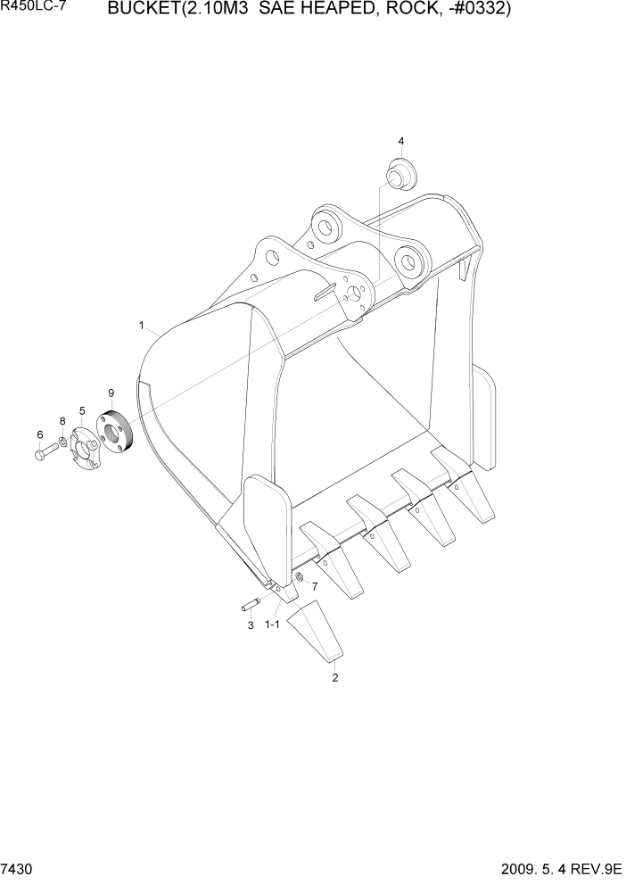 Схема запчастей Hyundai R450LC7 - PAGE 7430 BUCKET(2.20M3 SAE HEAPED, ROCK, -#0332) РАБОЧЕЕ ОБОРУДОВАНИЕ