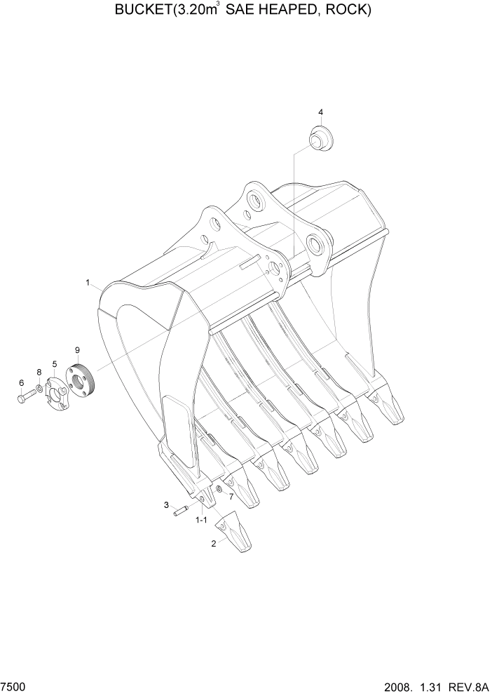 Схема запчастей Hyundai R450LC7 - PAGE 7500 BUCKET(3.20M3 SAE HEAPED, ROCK) РАБОЧЕЕ ОБОРУДОВАНИЕ