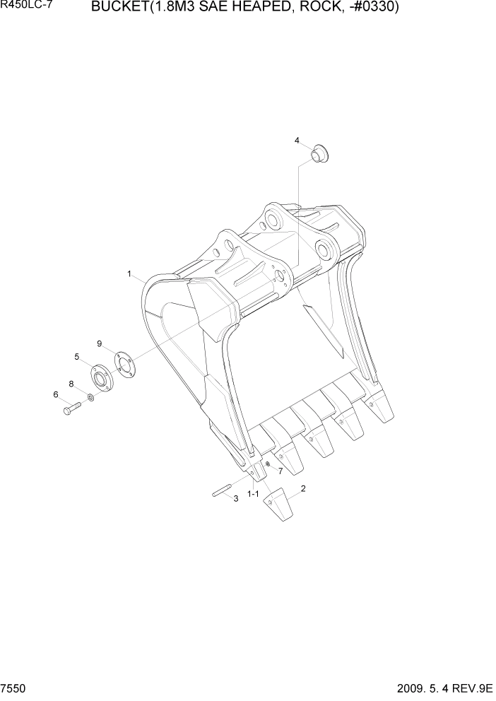 Схема запчастей Hyundai R450LC7 - PAGE 7550 BUCKET(1.8M3 SAE HEAPED, ROCK, -#0330) РАБОЧЕЕ ОБОРУДОВАНИЕ