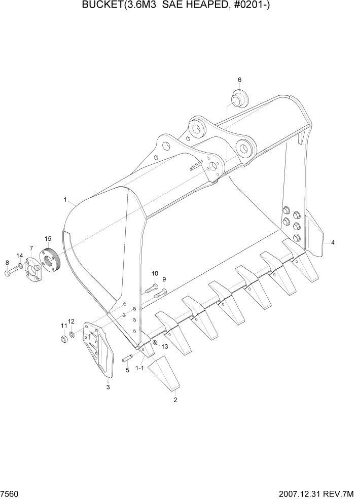 Схема запчастей Hyundai R450LC7 - PAGE 7560 BUCKET(3.6M3 SAE HEAPED, #0201-) РАБОЧЕЕ ОБОРУДОВАНИЕ