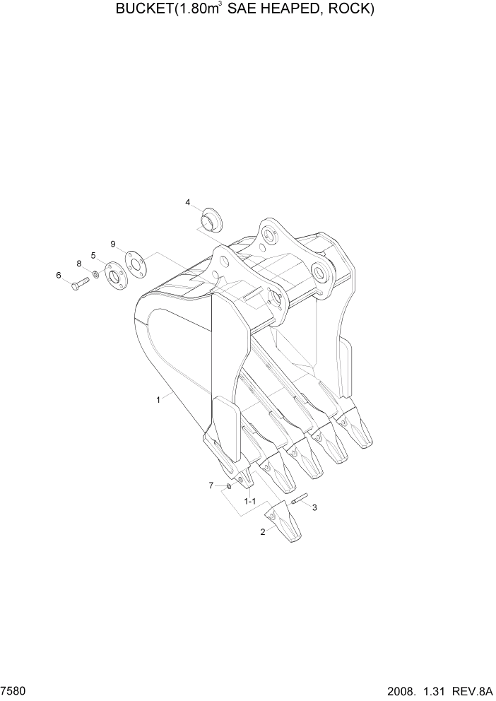 Схема запчастей Hyundai R450LC7 - PAGE 7580 BUCKET(1.8M3 SAE HEAPED, ROCK) РАБОЧЕЕ ОБОРУДОВАНИЕ