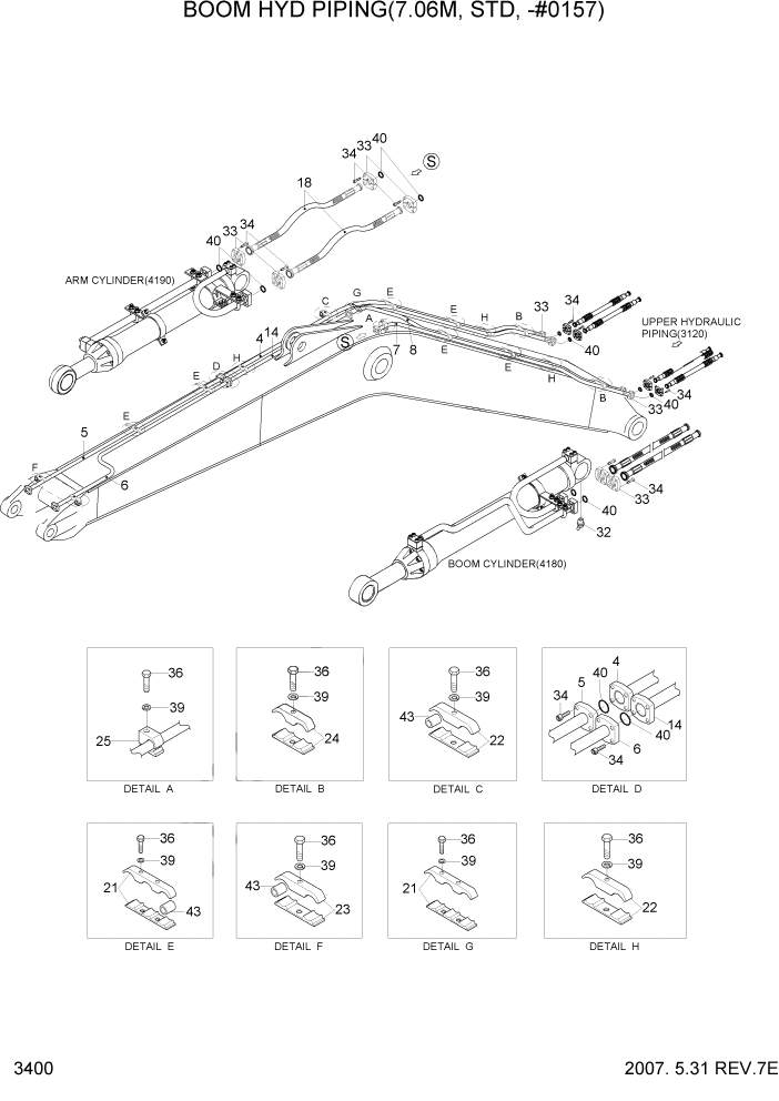 Схема запчастей Hyundai R450LC7A - PAGE 3400 BOOM HYD PIPING(7.06M, STD, -#0157) ГИДРАВЛИЧЕСКАЯ СИСТЕМА