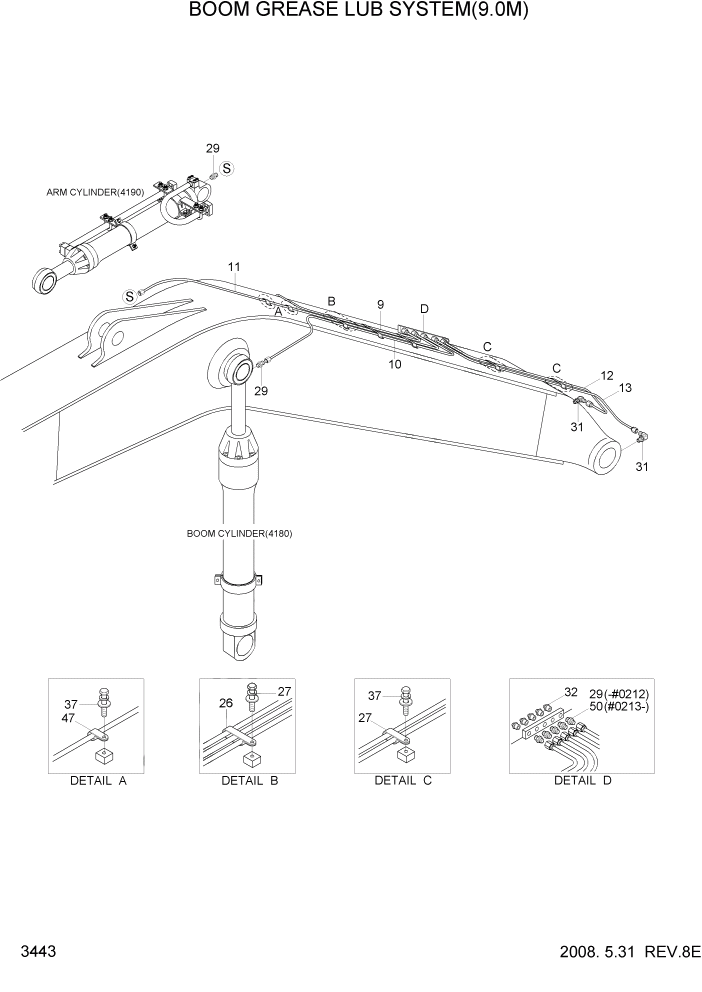 Схема запчастей Hyundai R450LC7A - PAGE 3443 BOOM GREASE LUB SYSTEM(9.0M) ГИДРАВЛИЧЕСКАЯ СИСТЕМА