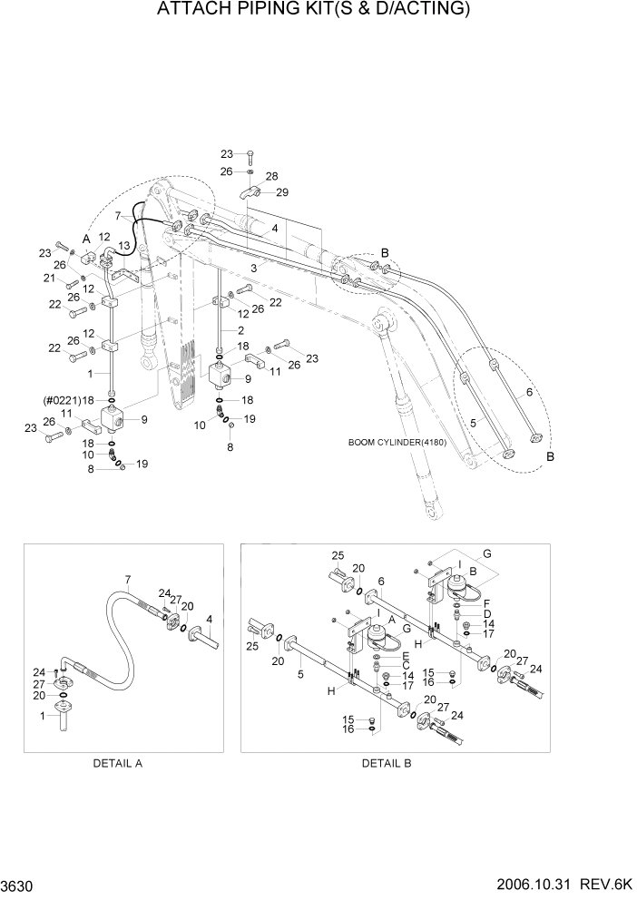 Схема запчастей Hyundai R450LC7A - PAGE 3630 ATTACH PIPING KIT(S & D/ACTING) ГИДРАВЛИЧЕСКАЯ СИСТЕМА