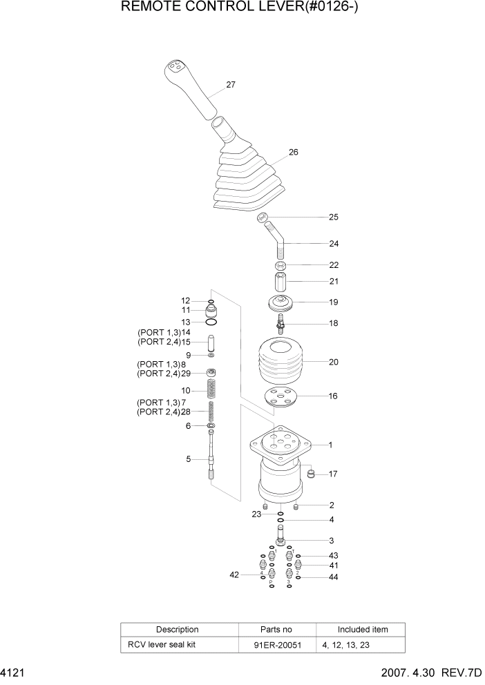 Схема запчастей Hyundai R450LC7A - PAGE 4121 REMOTE CONTROL LEVER(#0126-) ГИДРАВЛИЧЕСКИЕ КОМПОНЕНТЫ