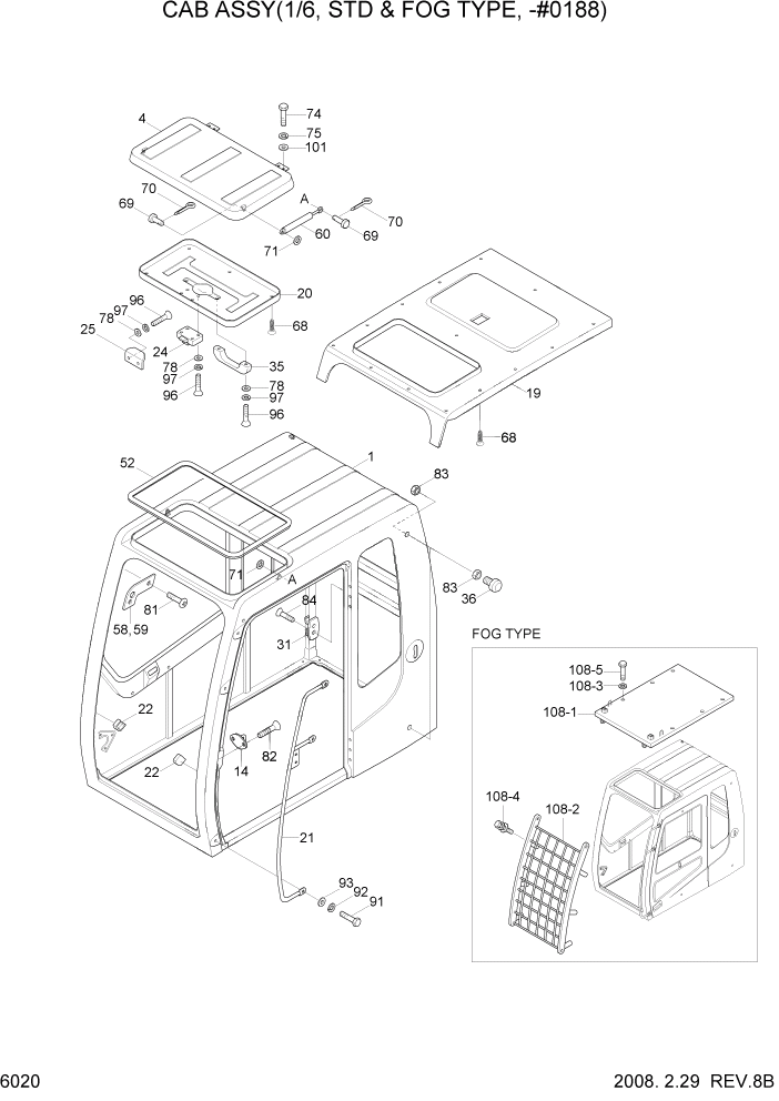 Схема запчастей Hyundai R450LC7A - PAGE 6020 CAB ASSY(1/6, STD & FOG TYPE, -#0188) СТРУКТУРА