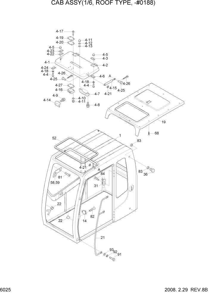 Схема запчастей Hyundai R450LC7A - PAGE 6025 CAB ASSY(1/6, ROOF TYPE, -#0188) СТРУКТУРА