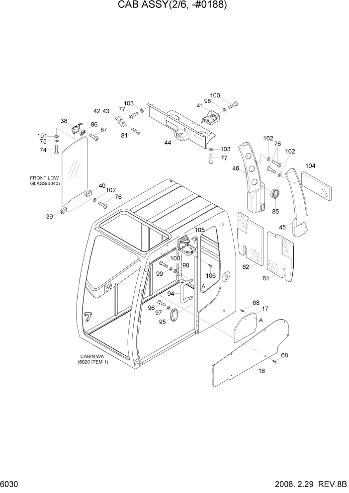 Схема запчастей Hyundai R450LC7A - PAGE 6030 CAB ASSY(2/6, -#0188) СТРУКТУРА