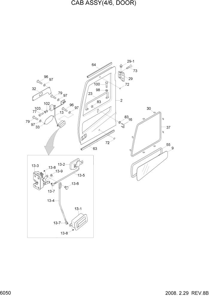 Схема запчастей Hyundai R450LC7A - PAGE 6050 CAB ASSY(4/6, DOOR) СТРУКТУРА
