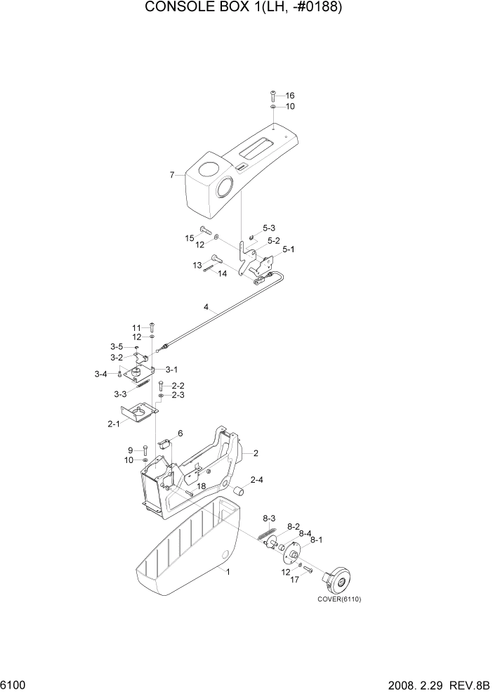 Схема запчастей Hyundai R450LC7A - PAGE 6100 CONSOLE BOX 1(LH, -#0188) СТРУКТУРА