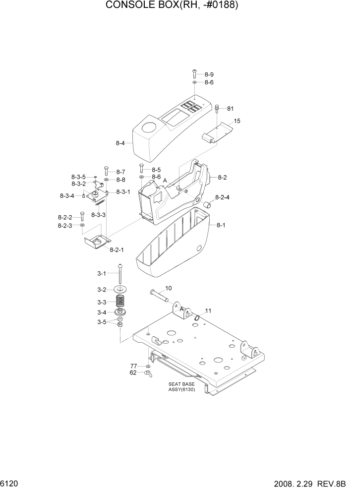 Схема запчастей Hyundai R450LC7A - PAGE 6120 CONSOLE BOX(RH, -#0188) СТРУКТУРА