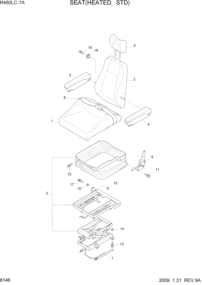 Схема запчастей Hyundai R450LC7A - PAGE 6146 SEAT(HEATRD, STD) СТРУКТУРА