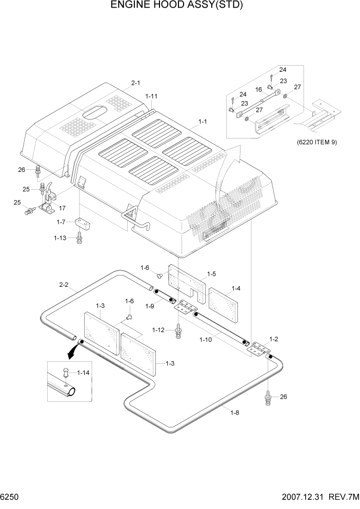 Схема запчастей Hyundai R450LC7A - PAGE 6250 ENGINE HOOD ASSY(STD) СТРУКТУРА