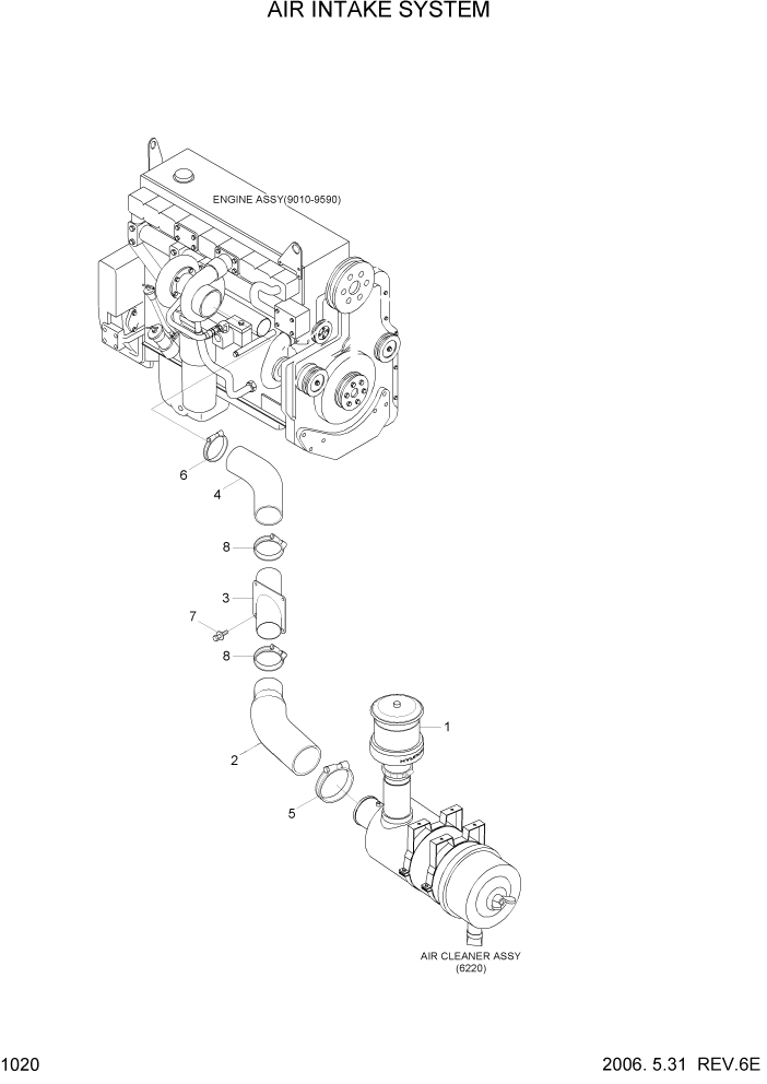 Схема запчастей Hyundai R500LC7 - PAGE 1020 AIR INTAKE SYSTEM СИСТЕМА ДВИГАТЕЛЯ