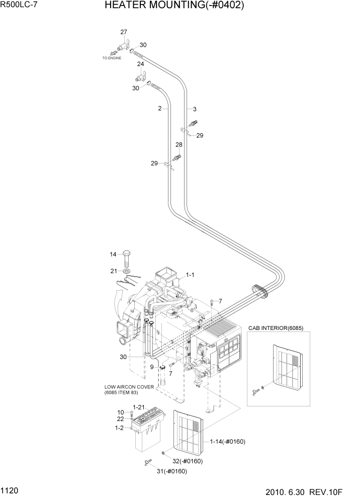 Схема запчастей Hyundai R500LC7 - PAGE 1120 HEATER MOUNTING(-#0402) СИСТЕМА ДВИГАТЕЛЯ