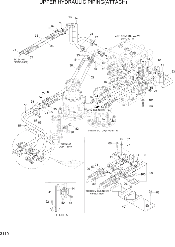 Схема запчастей Hyundai R500LC7 - PAGE 3110 UPPER HYDRAULIC PIPING(ATTACH) ГИДРАВЛИЧЕСКАЯ СИСТЕМА