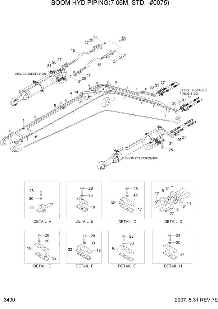 Схема запчастей Hyundai R500LC7 - PAGE 3400 BOOM HYD PIPING(7.06M, STD, -#0134) ГИДРАВЛИЧЕСКАЯ СИСТЕМА