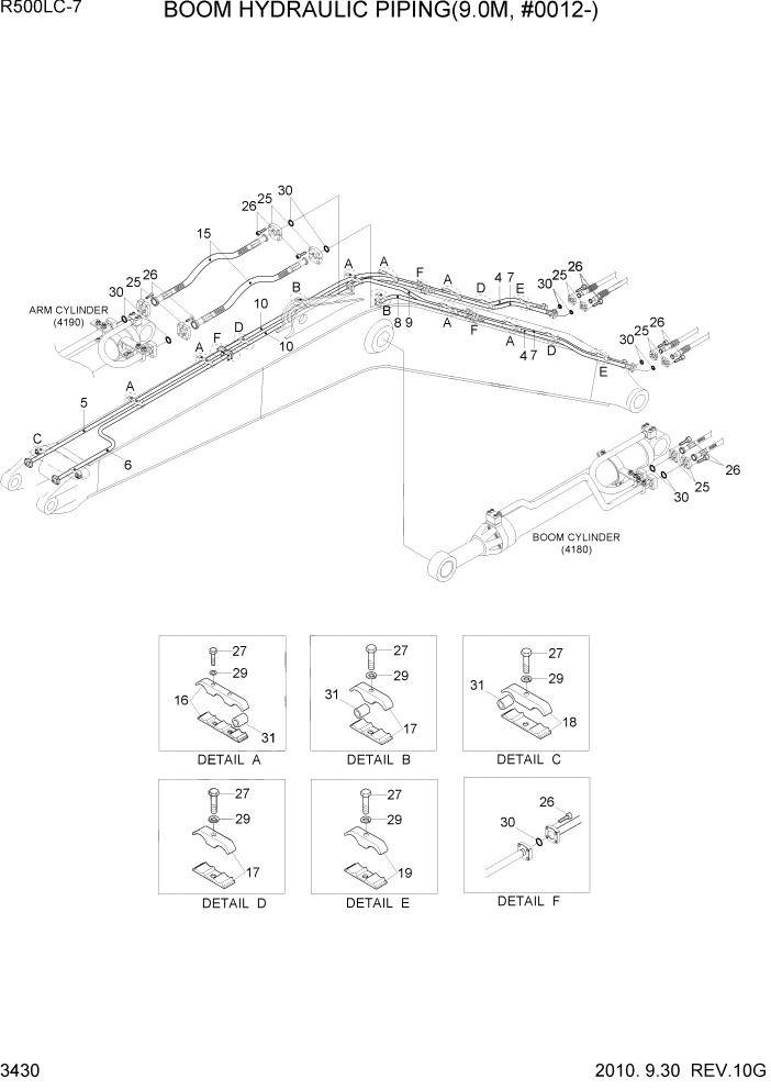 Схема запчастей Hyundai R500LC7 - PAGE 3430 BOOM HYDRAULIC PIPING(9.0M, #0012-) ГИДРАВЛИЧЕСКАЯ СИСТЕМА