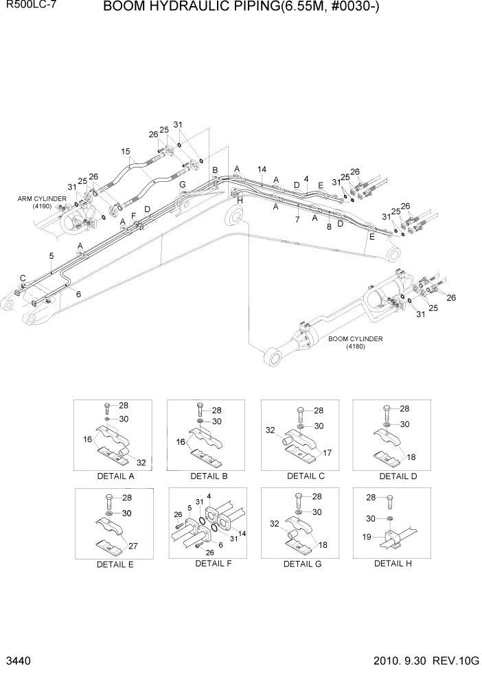 Схема запчастей Hyundai R500LC7 - PAGE 3440 BOOM HYDRAULIC PIPING(6.55M, #0030-) ГИДРАВЛИЧЕСКАЯ СИСТЕМА