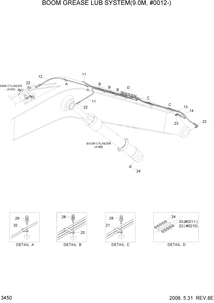 Схема запчастей Hyundai R500LC7 - PAGE 3450 BOOM GREASE LUB SYSTEM(9.0M, #0012-) ГИДРАВЛИЧЕСКАЯ СИСТЕМА