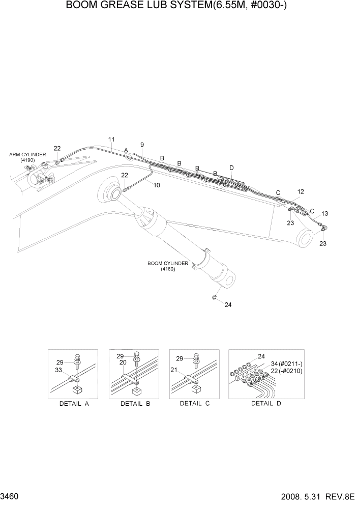 Схема запчастей Hyundai R500LC7 - PAGE 3460 BOOM GREASE LUB SYSTEM(6.55M, #0030-) ГИДРАВЛИЧЕСКАЯ СИСТЕМА