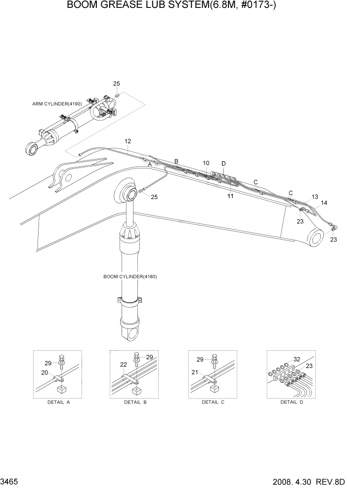 Схема запчастей Hyundai R500LC7 - PAGE 3465 BOOM GREASE LUB SYSTEM(6.8M, #0173-) ГИДРАВЛИЧЕСКАЯ СИСТЕМА