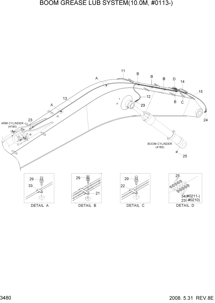 Схема запчастей Hyundai R500LC7 - PAGE 3480 BOOM GREASE LUB SYSTEM(10.0M, #0113-) ГИДРАВЛИЧЕСКАЯ СИСТЕМА