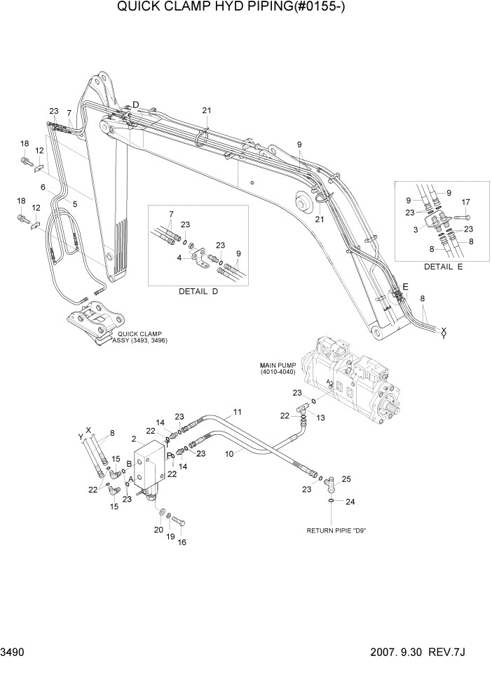 Схема запчастей Hyundai R500LC7 - PAGE 3490 QUICK CLAMP HYD PIPING(#0155-) ГИДРАВЛИЧЕСКАЯ СИСТЕМА