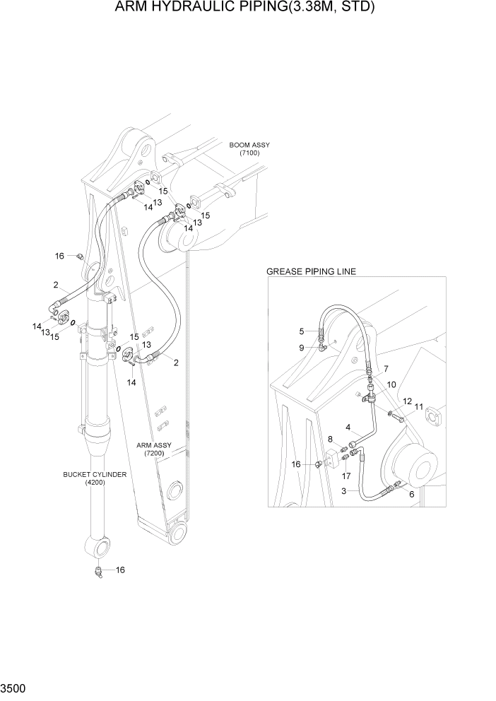 Схема запчастей Hyundai R500LC7 - PAGE 3500 ARM HYDRAULIC PIPING(3.38M, STD) ГИДРАВЛИЧЕСКАЯ СИСТЕМА