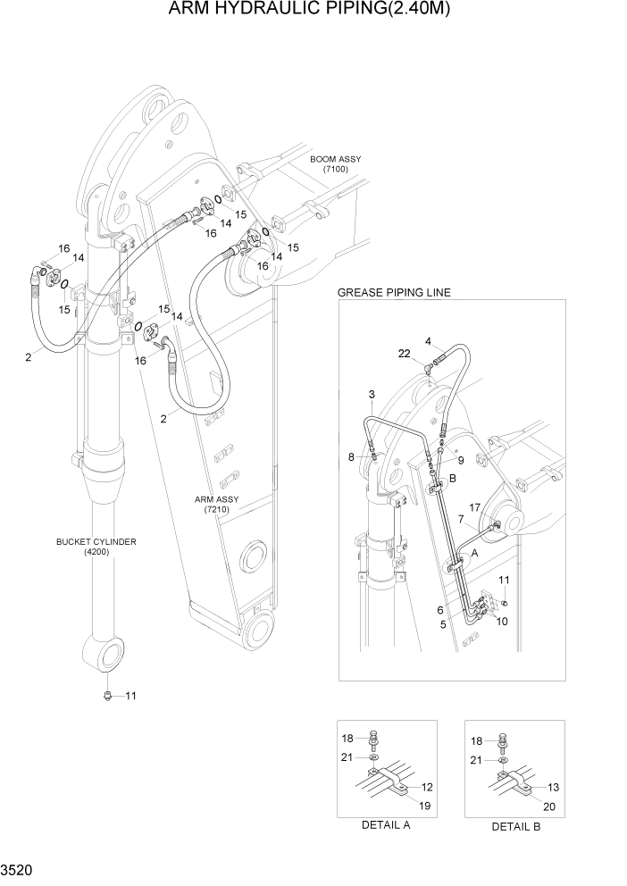 Схема запчастей Hyundai R500LC7 - PAGE 3520 ARM HYDRAULIC PIPING(2.40M) ГИДРАВЛИЧЕСКАЯ СИСТЕМА