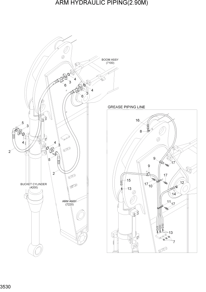 Схема запчастей Hyundai R500LC7 - PAGE 3530 ARM HYDRAULIC PIPING(2.90M) ГИДРАВЛИЧЕСКАЯ СИСТЕМА