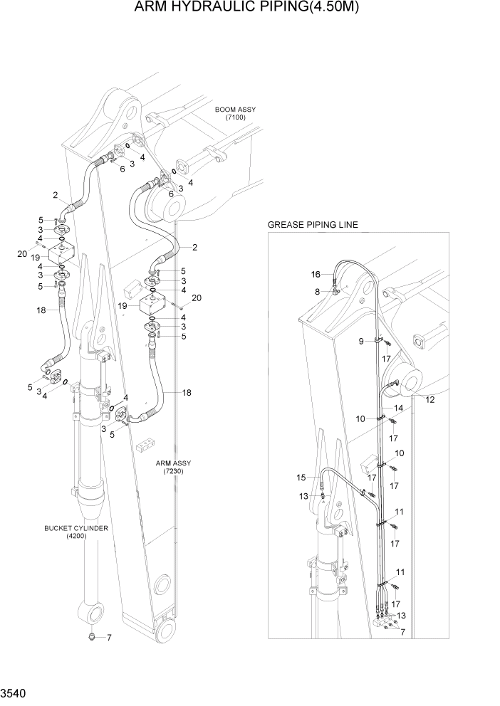 Схема запчастей Hyundai R500LC7 - PAGE 3540 ARM HYDRAULIC PIPING(4.50M) ГИДРАВЛИЧЕСКАЯ СИСТЕМА