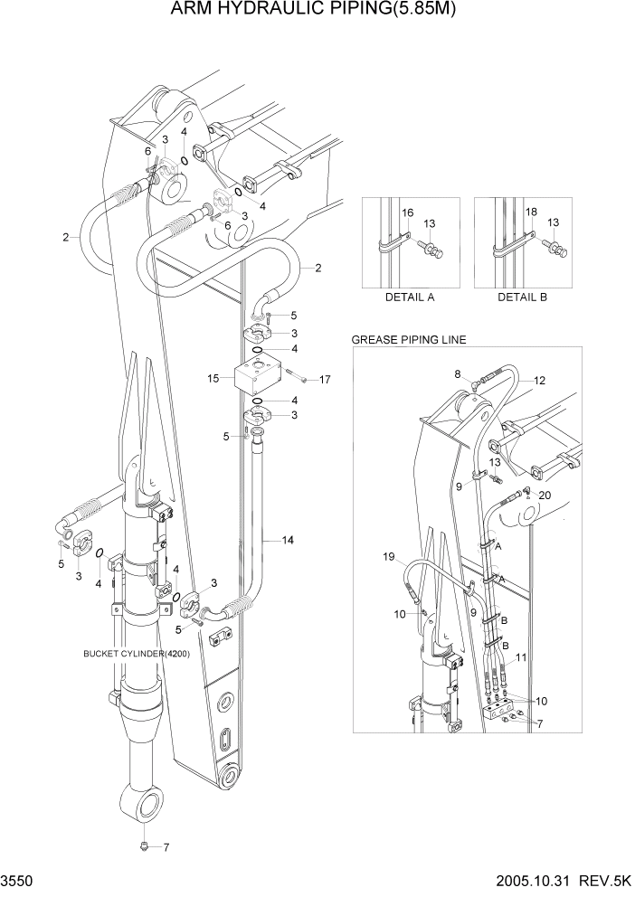 Схема запчастей Hyundai R500LC7 - PAGE 3550 ARM HYDRAULIC PIPING(5.85M) ГИДРАВЛИЧЕСКАЯ СИСТЕМА