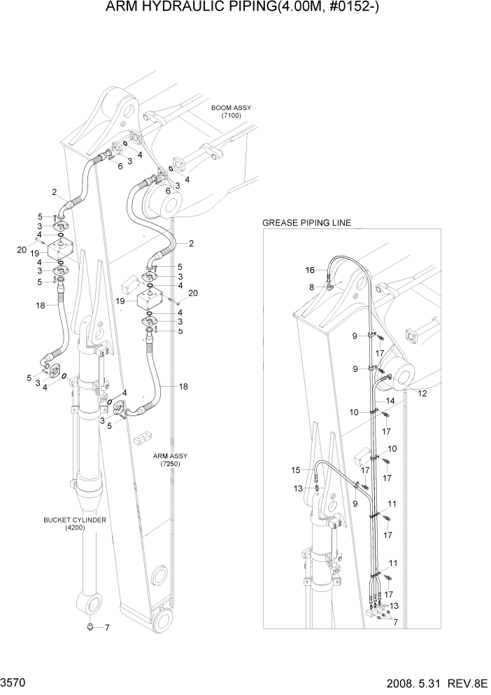 Схема запчастей Hyundai R500LC7 - PAGE 3570 ARM HYDRAULIC PIPING(4.00M, #0152-) ГИДРАВЛИЧЕСКАЯ СИСТЕМА