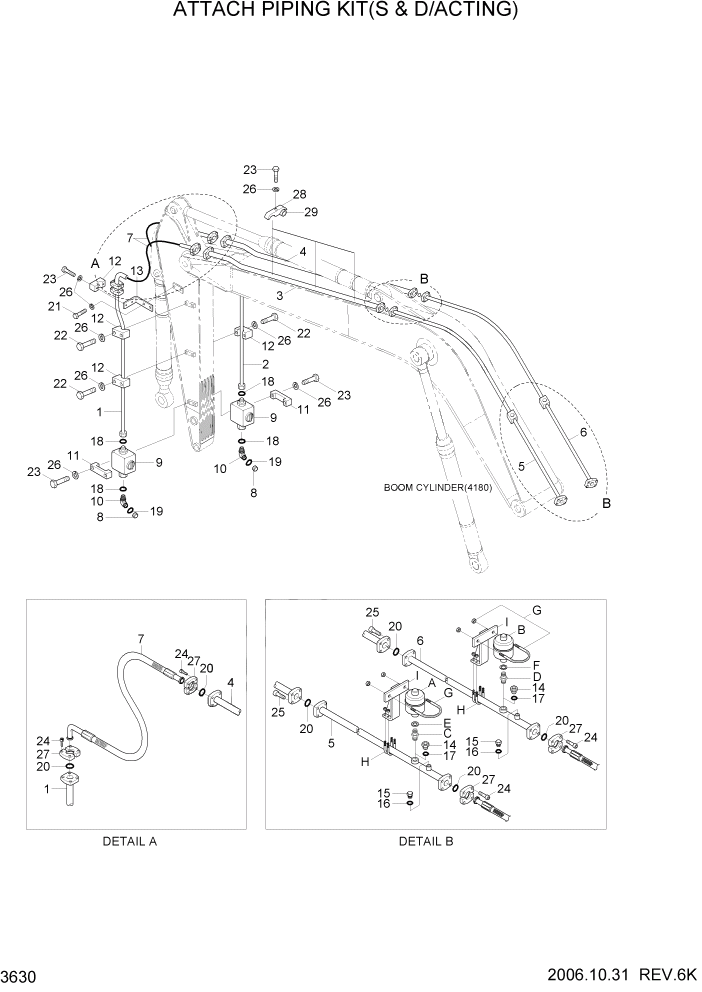 Схема запчастей Hyundai R500LC7 - PAGE 3630 ATTACH PIPING KIT(S & D/ACTING) ГИДРАВЛИЧЕСКАЯ СИСТЕМА