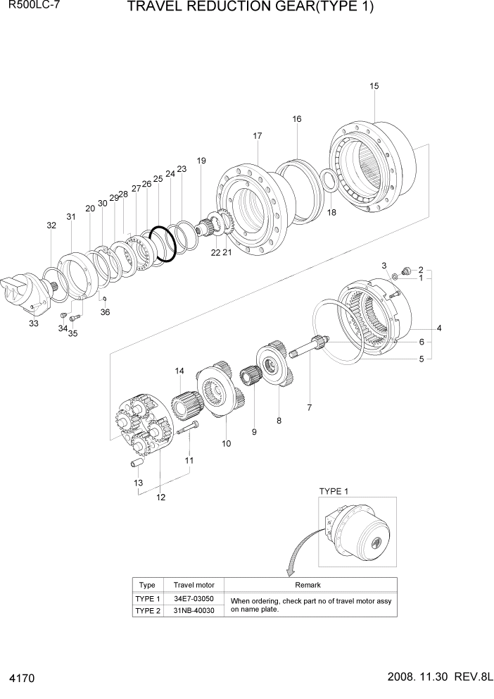 Схема запчастей Hyundai R500LC7 - PAGE 4170 TRAVEL REDUCTION GEAR(TYPE 1) ГИДРАВЛИЧЕСКИЕ КОМПОНЕНТЫ