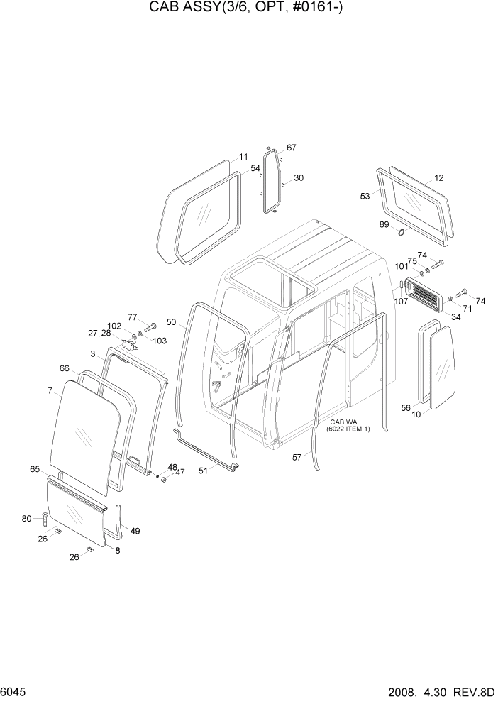 Схема запчастей Hyundai R500LC7 - PAGE 6045 CAB ASSY(3/6, OPT, #0161-) СТРУКТУРА