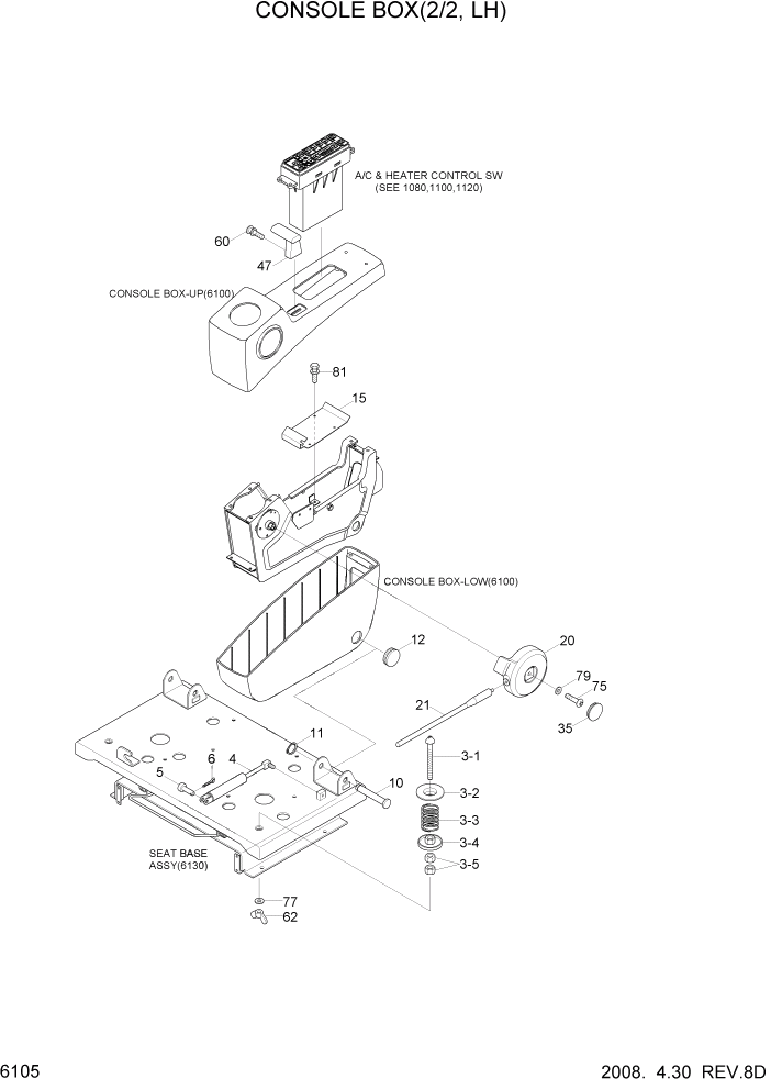 Схема запчастей Hyundai R500LC7 - PAGE 6105 CONSOLE BOX(2/2, LH) СТРУКТУРА