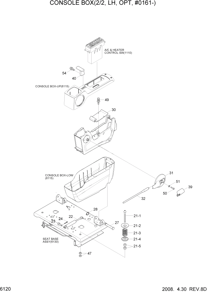 Схема запчастей Hyundai R500LC7 - PAGE 6120 CONSOLE BOX(2/2, LH, OPT, #0161-) СТРУКТУРА