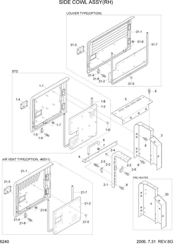 Схема запчастей Hyundai R500LC7 - PAGE 6240 SIDE COWL ASSY(RH) СТРУКТУРА