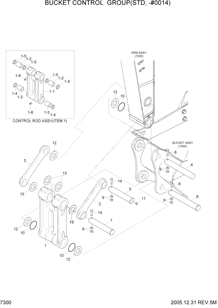 Схема запчастей Hyundai R500LC7 - PAGE 7300 BUCKET CONTROL GROUP(STD, -#0014) РАБОЧЕЕ ОБОРУДОВАНИЕ