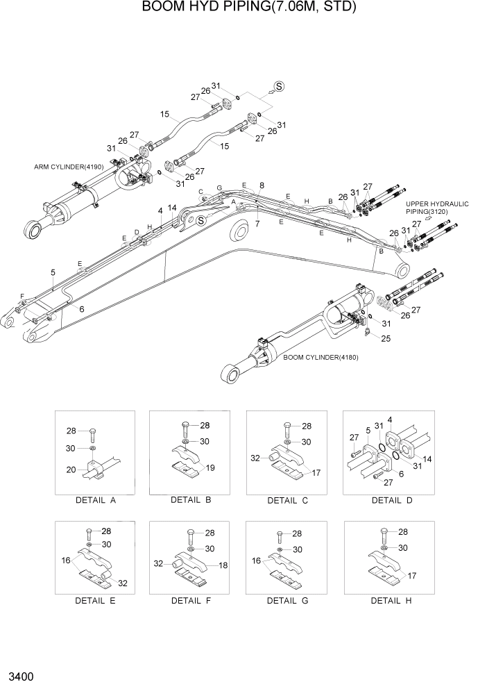 Схема запчастей Hyundai R500LC7A - PAGE 3400 BOOM HYD PIPING(7.06M, STD, -#0075) ГИДРАВЛИЧЕСКАЯ СИСТЕМА