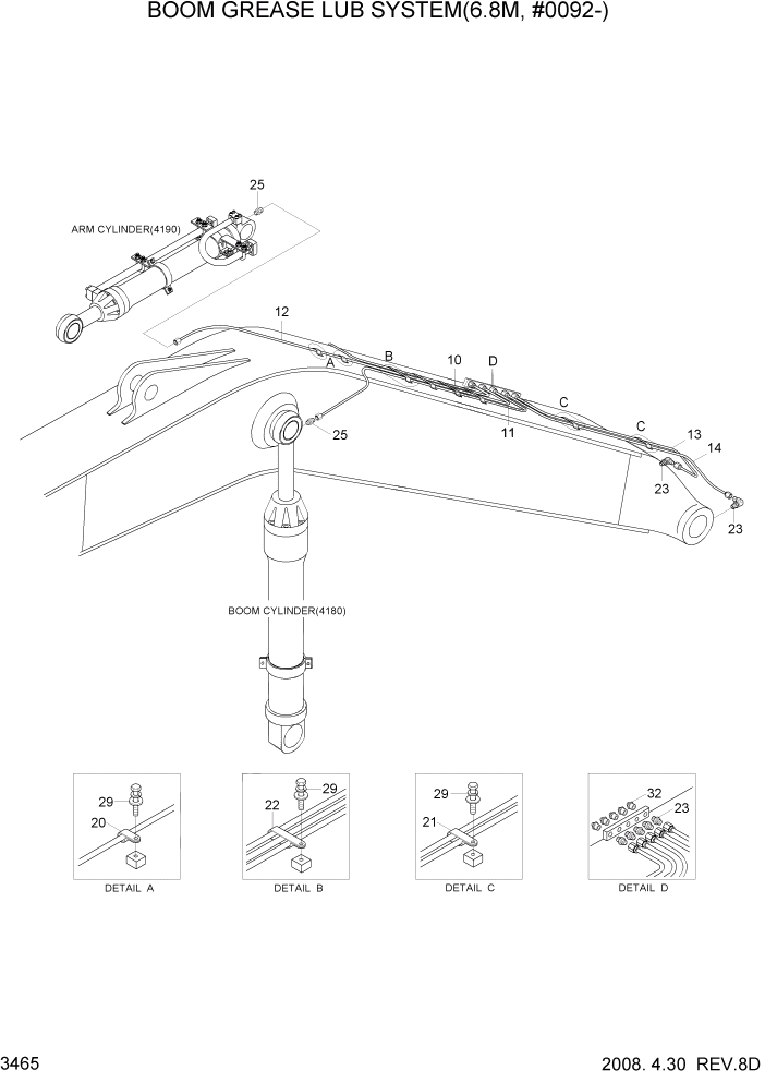 Схема запчастей Hyundai R500LC7A - PAGE 3465 BOOM GREASE LUB SYSTEM(6.80M, #0092-) ГИДРАВЛИЧЕСКАЯ СИСТЕМА